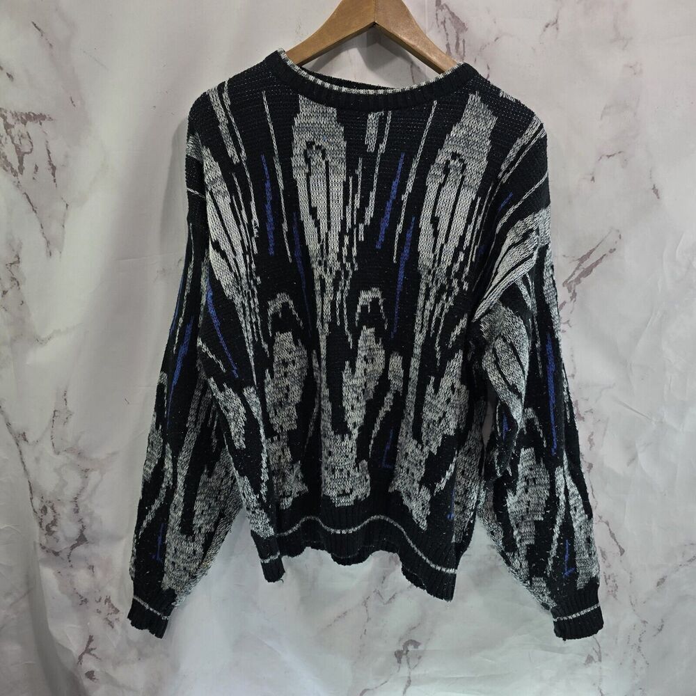 Vintage Sweater Mens XL Black Gray Blue Acrylic 80s 90s Raglan Ikat Abstract